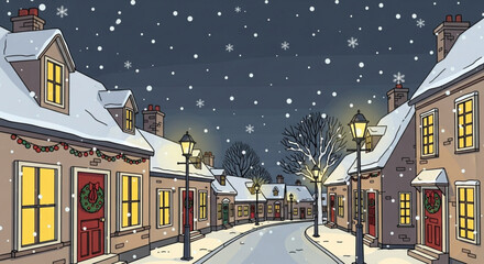 Charming winter village scene with snowy rooftops and glowing windows, perfect for holiday greetings and seasonal promotions, conveying warmth and nostalgia