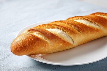 Fresh baguette on clean plate golden crust soft texture close up bright background appetizing bakery breakfast simple inviting