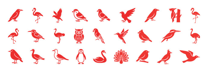 Diverse Bird Species Icon Set: Collection of Flat Red Vector Graphic Symbols of Ornithology and Various Aviary Animals in Nature.