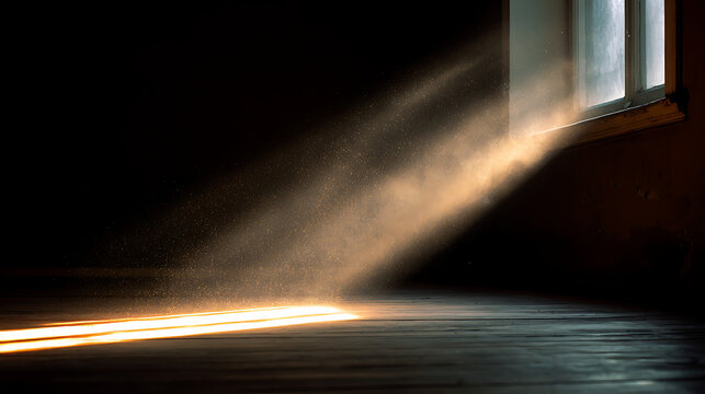 Atmospheric sunbeams streaming through window into dark dusty room, dramatic interior light and shadow in abandoned vintage house background concept