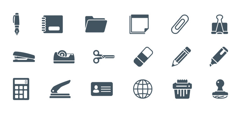 Office and Stationery Supplies Icon Set: Collection of Flat Gray Vector Symbols for Business, Education, Work Desk, and Administrative Tools.