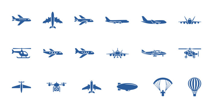 Aircraft and Aviation Transportation Icon Set: Collection of Flat Blue Vector Symbols for Air Travel, Military, Cargo, and Aerodynamics.