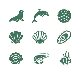 Marine and Aquatic Seafood Icon Set: Collection of Flat Green Vector Graphic Symbols for Shellfish, Mammals, Ocean Delicacies, and Sea Life.