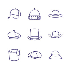 Hat and Headwear Outline Icon Set: Collection of Linear Vector Symbols for Fashion, Clothing Accessories, Style, and Various Occupations.