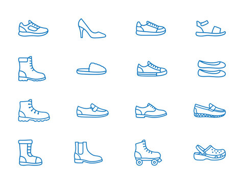 Footwear and Shoe Style Outline Icon Set: Collection of Linear Vector Symbols for Fashion, Clothing, Sports, and Different Types of Shoes.