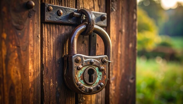 A rusty, old padlock securing a weathered wooden door, with a blurred green field background