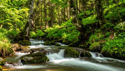 A sunlit stream flows smoothly through a lush, mossy forest. Verdant trees frame the gentle waters