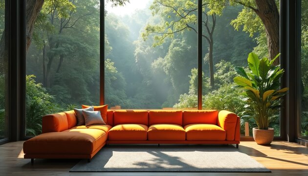 Modern orange sectional sofa sits by large windows with rich jungle view. Natural light fills bright room. Interior design blends urban comfort with tropical nature.