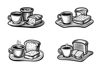 Four illustrations depict coffee and toast arrangements in monochrome art style