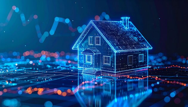 Futuristic house hologram with digital data and reflection.