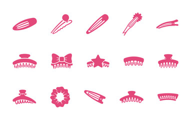 Various hair accessories vector icons set in bright pink color, including hair clips, claw clips, bobby pins, and scrunchie pictograms for beauty and style.