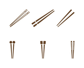 Chopsticks vector icons set in brown color, showing different types and styles of wooden or disposable eating utensils for Asian cuisine.