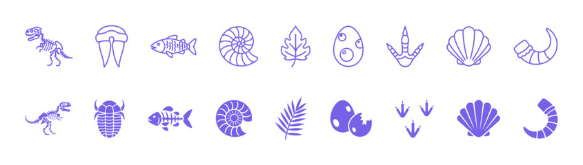 Paleontology and fossil vector icons set, featuring prehistoric elements like dinosaur skeletons, fish bones, ammonite, trilobite, and egg prints in purple line and solid style. © 张锋