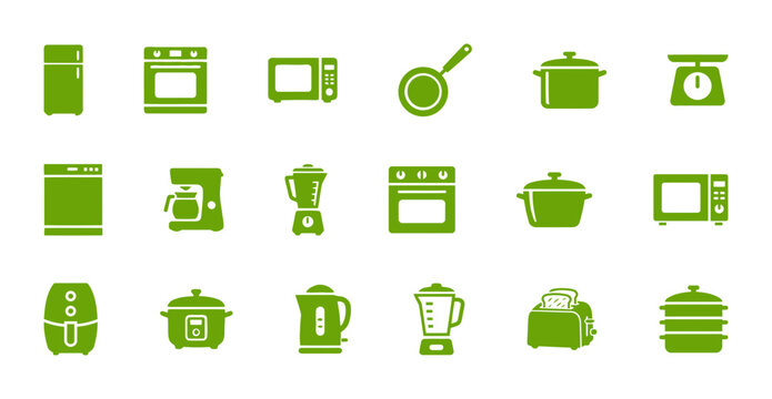 Set of kitchen appliance vector icons in green color, including refrigerator, microwave, oven, toaster, blender, and coffee maker pictograms.