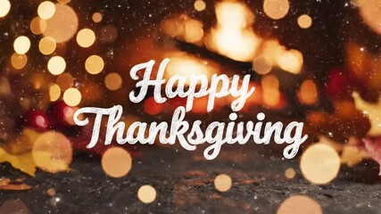 An intimate animated greeting featuring the "Happy Thanksgiving" rendered in  hand-drawn aesthetic, fine sketching. The background is a soft, abstract  blurred bokeh lights in autumnal colors.