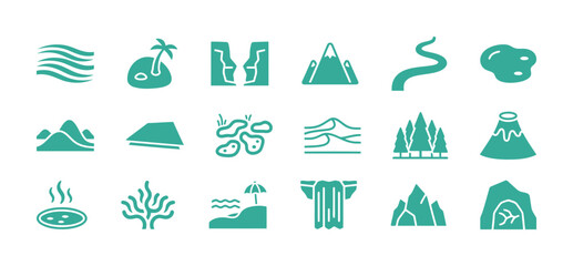 Set of various landscape and natural geographic features vector icons in teal green color, including mountain, waterfall, island, canyon, river, forest, beach, and volcano symbols.