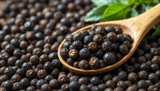 Close-up of black peppercorns in a wooden spoon resting on a bed of peppercorns, surrounded by fresh green herbs, showcasing natural spices and culinary ingredients - Powered by Adobe
