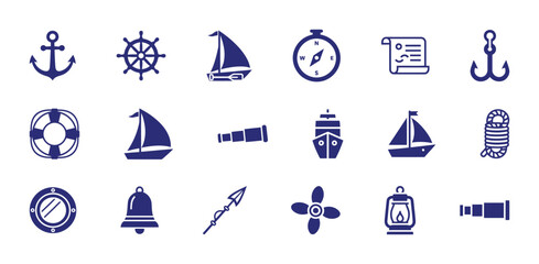 Large set of fifteen solid navy blue vector icons representing nautical, sailing, and maritime themes, including anchors, ship wheels, sails, compasses, and other boating equipment. © 张锋