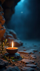 Oil lamp with flame illuminates stone and olive leaves in cave, symbolic of christmas and christianity, bible. Evokes nativity scene in the context of religious events.