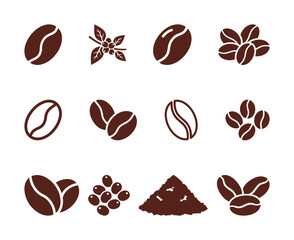 Collection of twelve solid brown vector icons representing various forms of coffee, including beans, plant branches, raw berries, ground powder, and different bean arrangements.