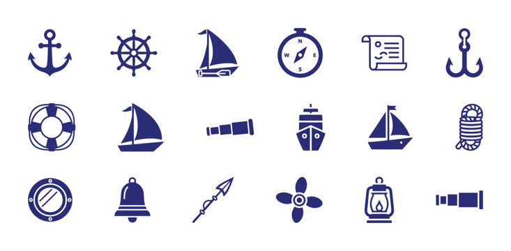 Large set of fifteen solid navy blue vector icons representing nautical, sailing, and maritime themes, including anchors, ship wheels, sails, compasses, and other boating equipment.