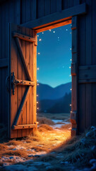 Open wooden doorway leads to warm light and distant hills at night, representing nativity and faith. Ideal for depicting Christmas themes, bible stories, and celebrating christianity.
