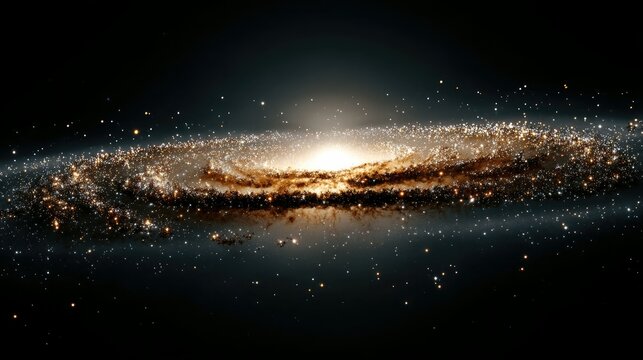 A detailed view of a luminous spiral galaxy in the vastness of space, featuring a bright central core, swirling arms filled with stars and gas, and a dark backg