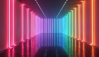 Fototapeta premium Abstract colorful neon light corridor. Bright linear light design. Futuristic tunnel with vibrant color illumination. Modern tech background. Empty room with reflections