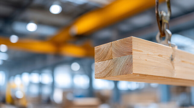 Close-up of wooden beams suspended by industrial crane hook in a spacious warehouse with blurred background