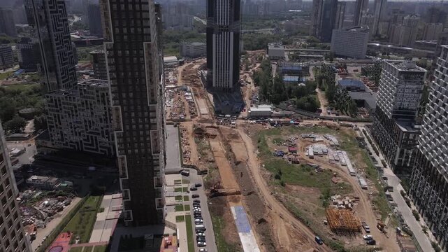 Russia Moscow. A modern microdistrict on the outskirts of Moscow, the capital of Russia, from a bird's eye view. Panoramic top view of modern apartment buildings, highways, streets and squares