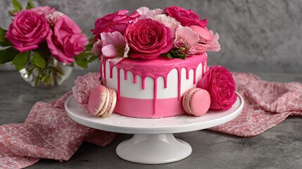 Naklejka premium Opulent pink frosted confection adorned with vibrant flowers and sweet pastries rests upon a pedestal
