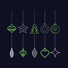 Christmas Ornaments Set Outline Green White Holiday Decor