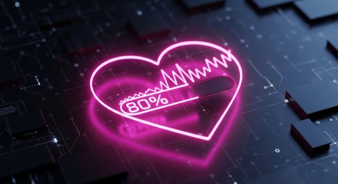 Heart icon with 80% charge and heartbeat pulse on a digital circuit board. Healthcare data and medical technology concept. - Powered by Adobe
