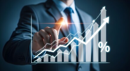 Businessman analyzing financial growth chart with increasing percentage and rising arrow