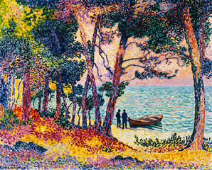 Vibrant Pointillist Coastal Forest Landscape, Colorful Seaside Pine Grove in Pointillism Style, Sunlit Beach Through Trees – Pointillist Art Scene, Bright Coastal Forest Path in Pointillist Technique
