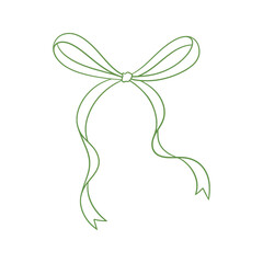 Coquette bow green, line art drawing. Hand drawn illustration of vintage tied ribbon. Wedding, birthday gift, retro style. Cute girly vector illustration. Doodle lace.