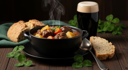 Steaming irish stew with bread, beer, and shamrocks on a wooden table. St. Patricks Day celebration of traditional irish food.