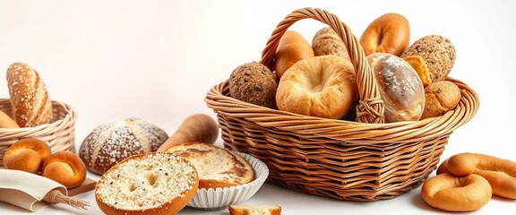 Rustic wicker basket overflowing with assorted breads and pastries on white, muffin, croissant
