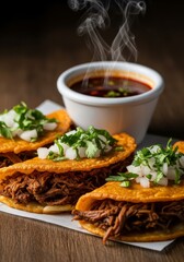 Delicious birria tacos with shredded beef, topped with fresh onion and cilantro, served with hot consomme in a small bowl. Mexican food concept.