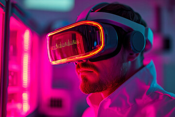 Focused person using high-tech vr headset in neon futuristic space, digital scanning interface, generative AI