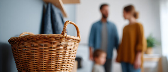 Close-up of empty wicker laundry basket with blurred family of three in background in modern home interior