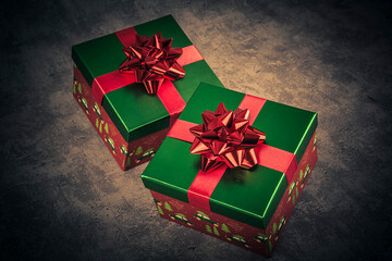 Christmas shiny gift box with a bow on a rustic background