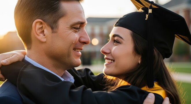Man and woman graduate sharing a happy hug. Emotional father crying with joy after daughter graduation. Family support and academic achievement concept.