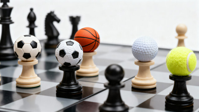 Chessboard with Sports Balls on Pawns Representing Strategy and Competition