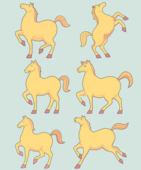Yellow Cute Cartoon Horse Poses Set Vector Illustrations
