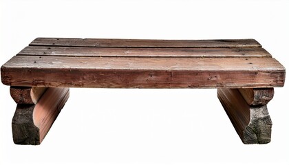Heavy Rustic Timber Bench With Weathered Grain And Aged Patina Isolated On A White Background