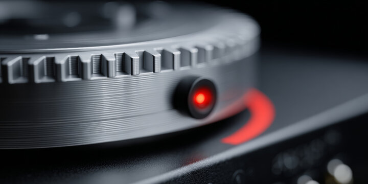 Close-up of a metallic turntable dial with textured grip and glowing red indicator light in a dark environment