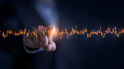 Businessman touching glowing financial data analytics wave