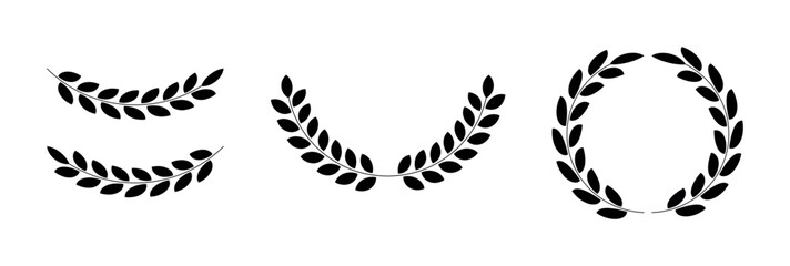 Set of black laurel wreath and branches isolated on transparent background. Leaf in circle frames. Simple illustration of laurel wreath. Symbol of victory and achievement. Heraldic Coat of Arms decor