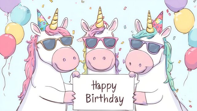 cool unicorn birthday party with greeting sign and balloons illustrated animation
